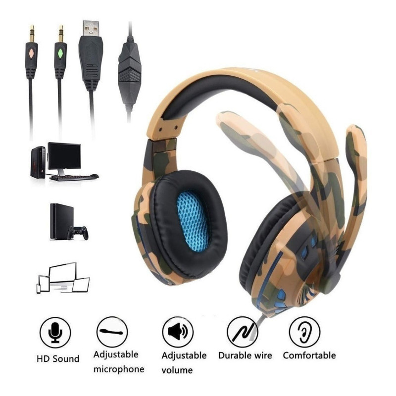 Auricular Gamer Komc G305 Camuflado Luz Led